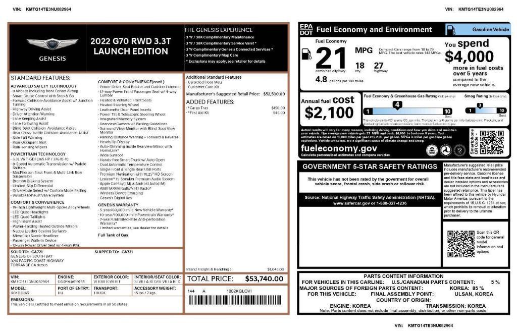 used 2022 Genesis G70 car, priced at $33,533