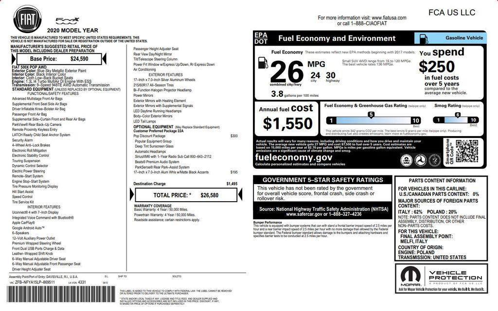 used 2020 FIAT 500X car, priced at $11,999