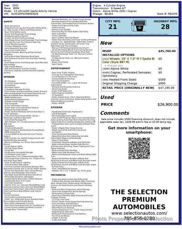 used 2022 BMW X3 car, priced at $26,900