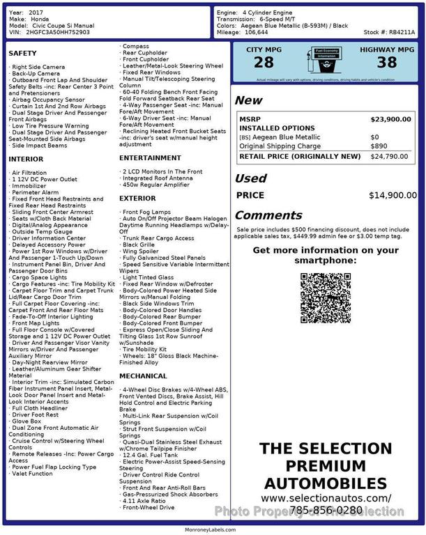 used 2017 Honda Civic car, priced at $14,900