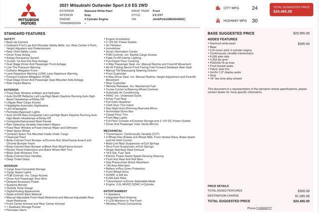 used 2021 Mitsubishi Outlander Sport car, priced at $10,400