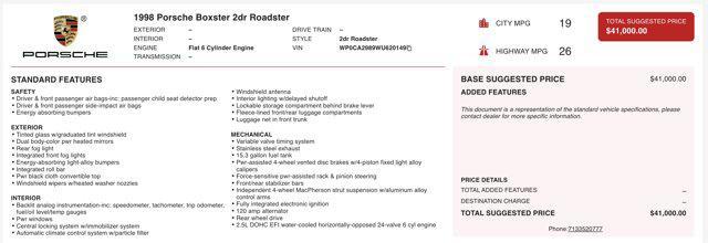 used 1998 Porsche Boxster car, priced at $15,000