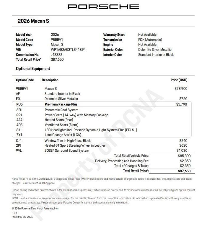 new 2026 Porsche Macan car, priced at $87,650