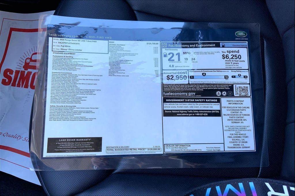 new 2026 Land Rover Range Rover car, priced at $139,080