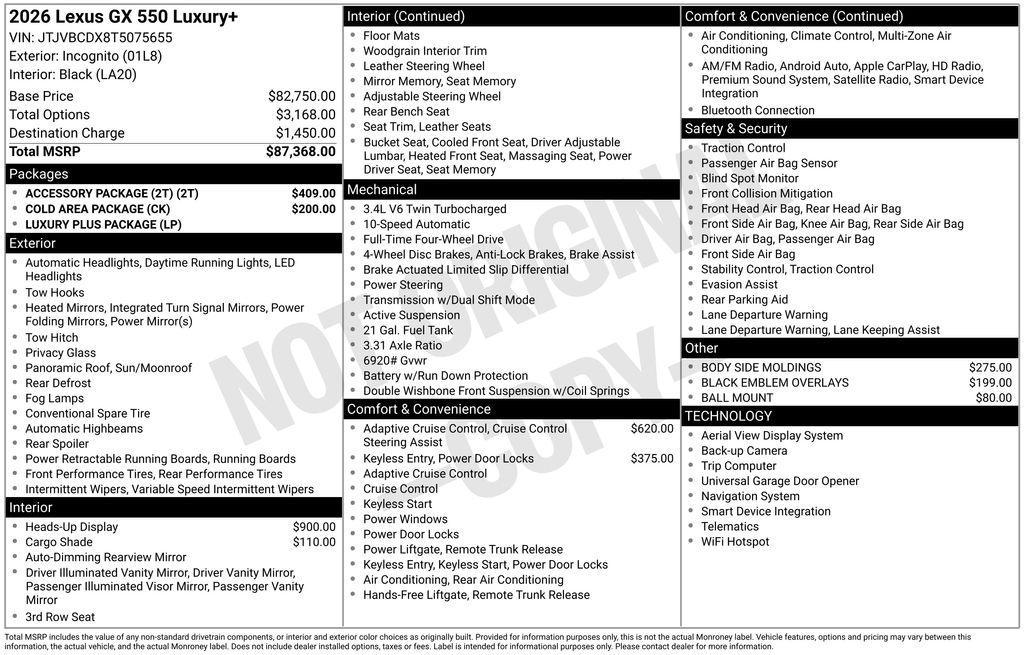 new 2026 Lexus GX 550 car, priced at $86,588