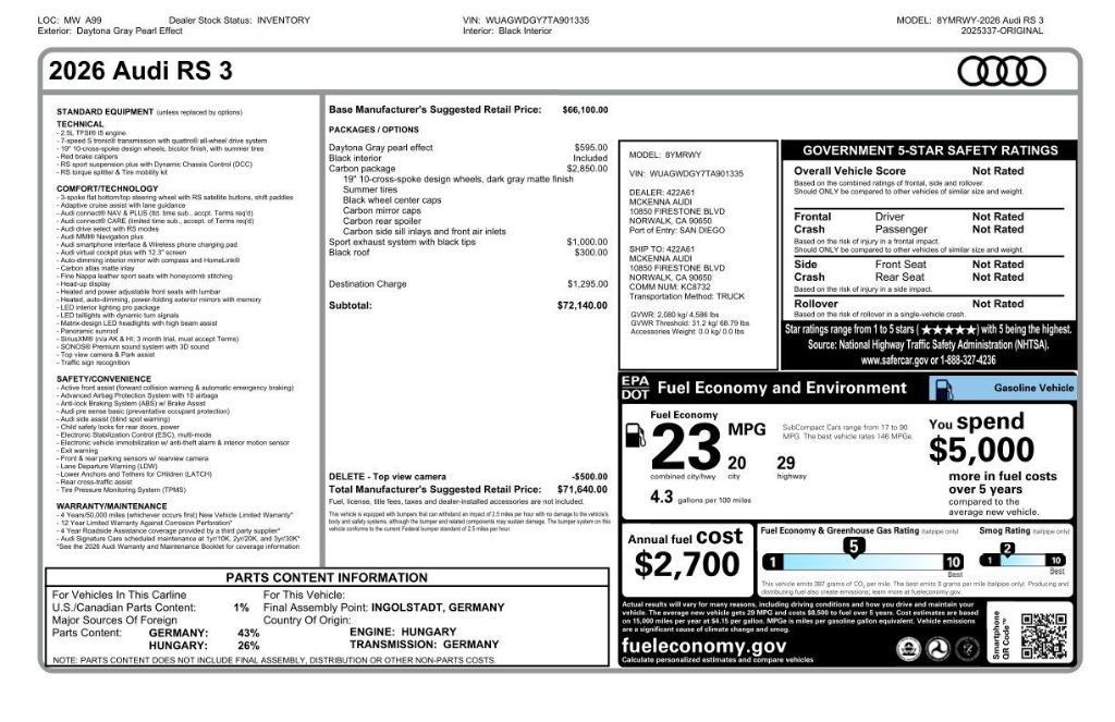 new 2026 Audi RS 3 car, priced at $71,640