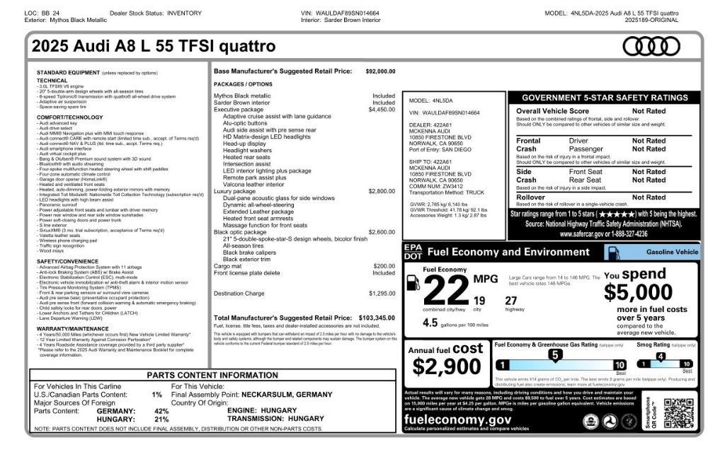 new 2025 Audi A8 car, priced at $93,345