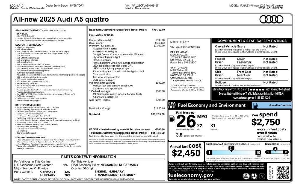new 2025 Audi A5 car, priced at $54,735