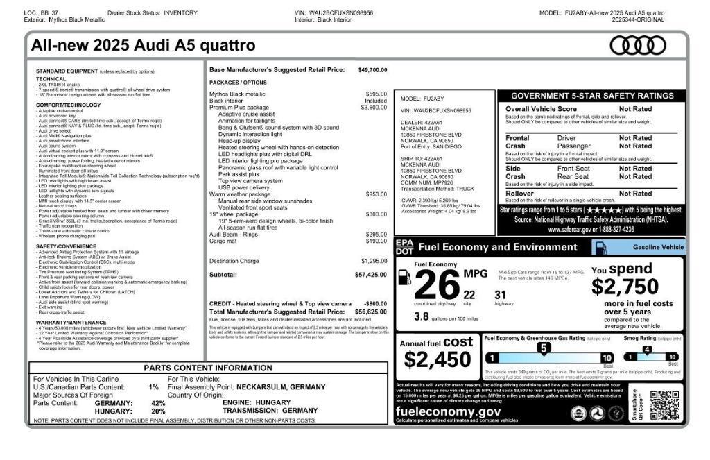 new 2025 Audi A5 car, priced at $53,794