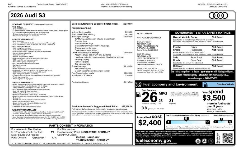 new 2026 Audi S3 car, priced at $59,590
