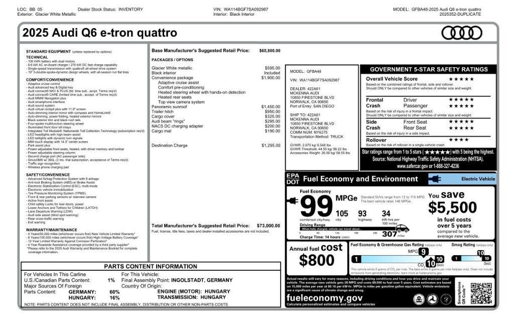 new 2025 Audi Q6 e-tron car, priced at $65,700