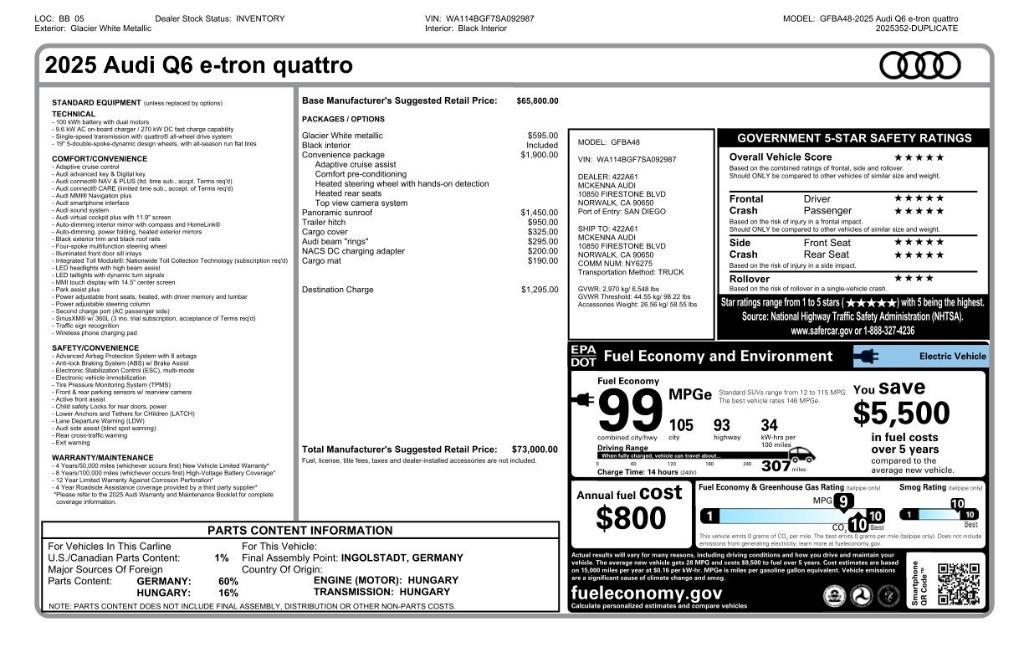 new 2025 Audi Q6 e-tron car, priced at $67,000