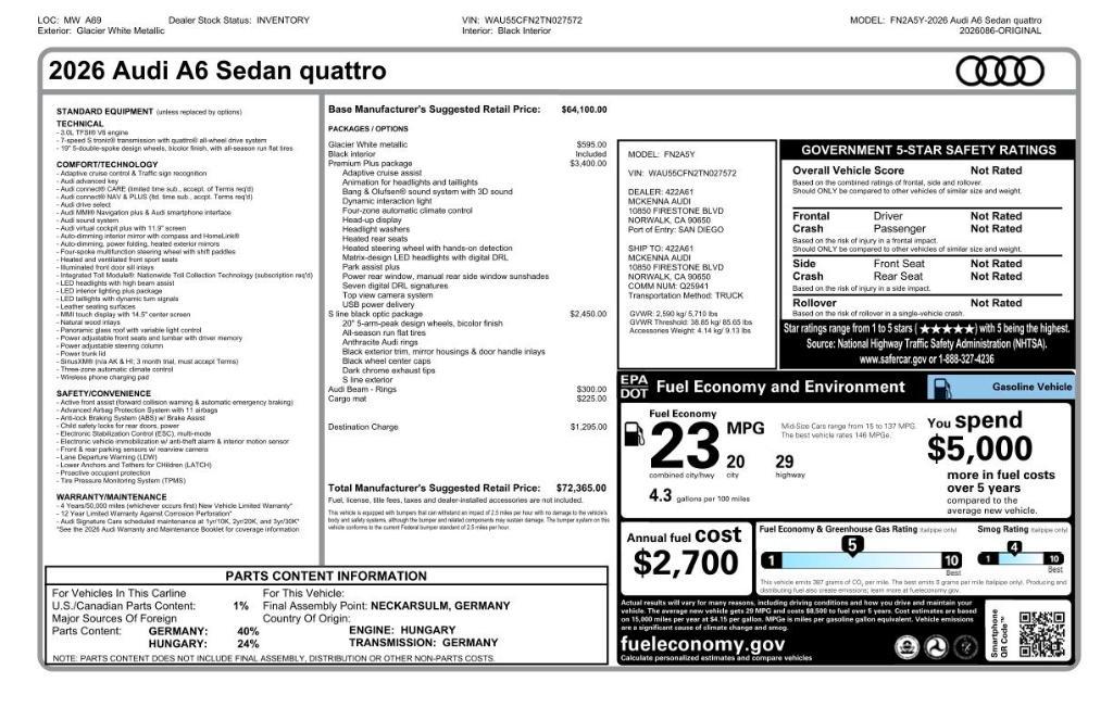 new 2026 Audi A6 car, priced at $72,365