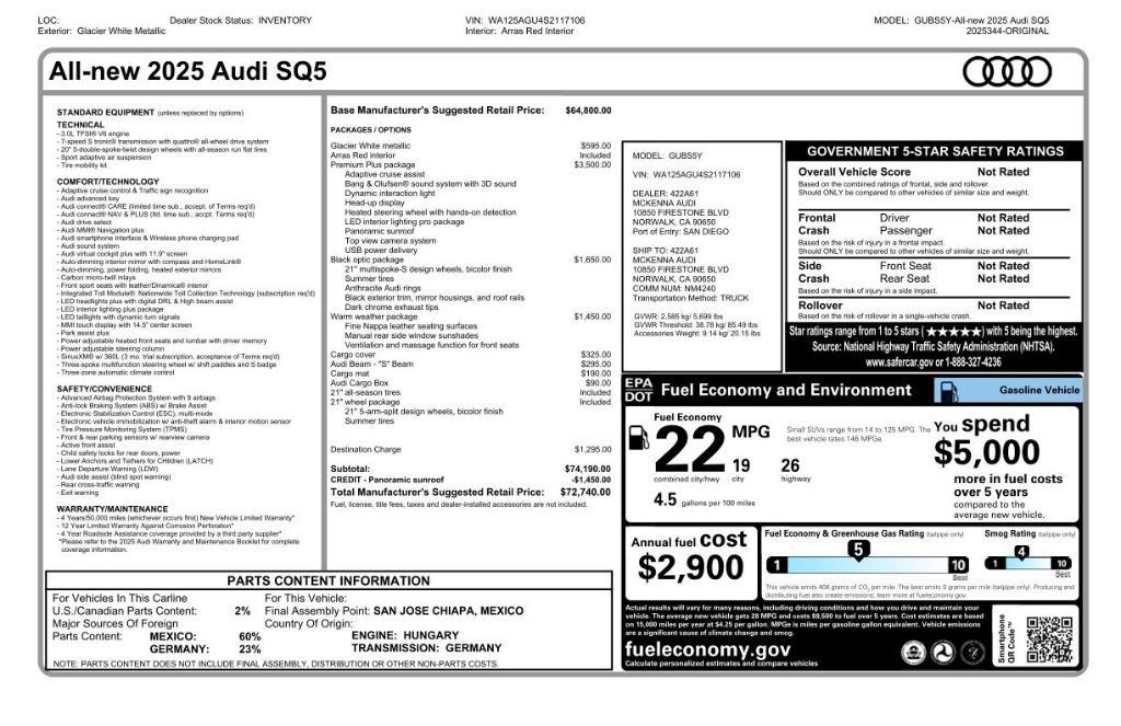 new 2025 Audi SQ5 car, priced at $72,740