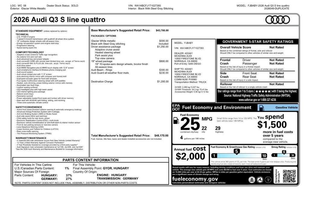 new 2026 Audi Q3 car, priced at $48,170