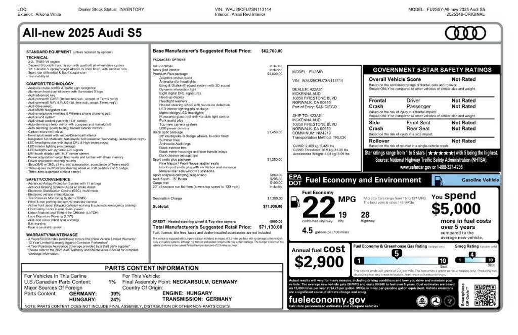 new 2025 Audi S5 car, priced at $68,630