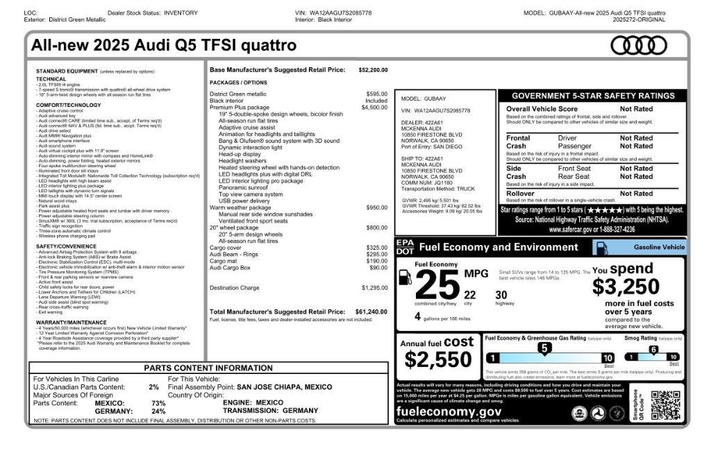 new 2025 Audi Q5 car, priced at $61,240