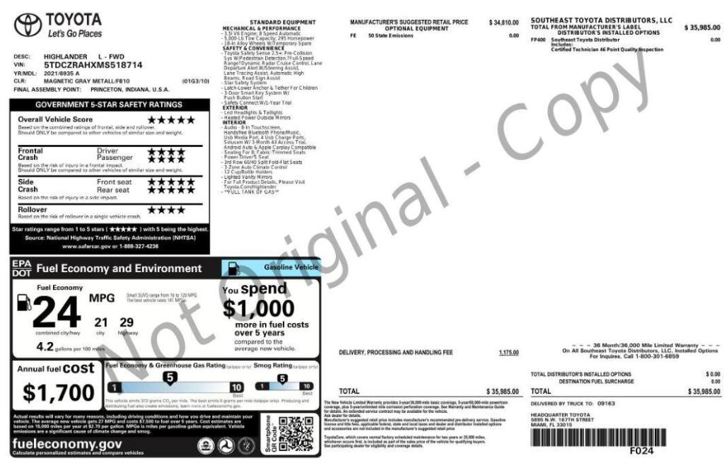 used 2021 Toyota Highlander car, priced at $22,799