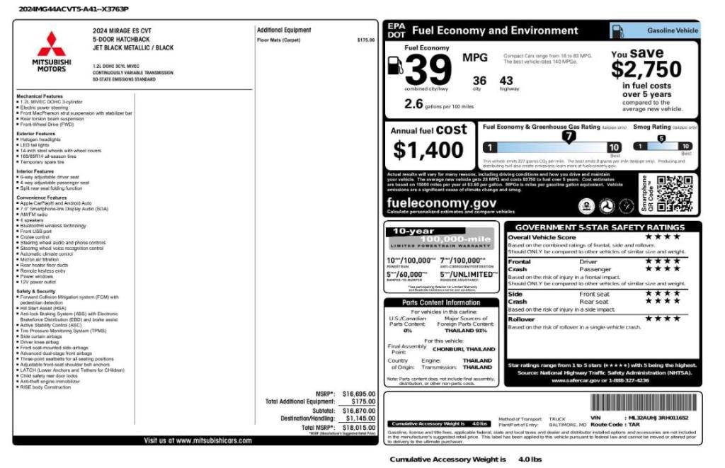 used 2024 Mitsubishi Mirage car, priced at $12,499