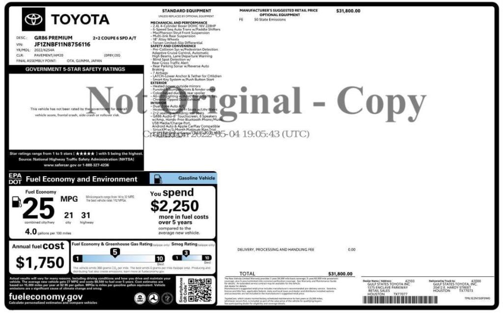 used 2022 Toyota GR86 car, priced at $25,999