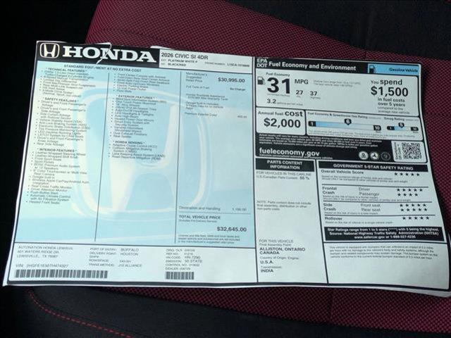 new 2026 Honda Civic Si car, priced at $32,645