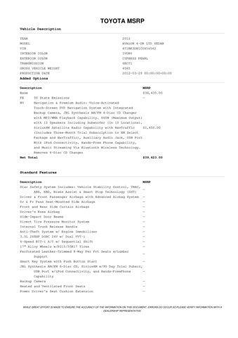 used 2012 Toyota Avalon car, priced at $13,400