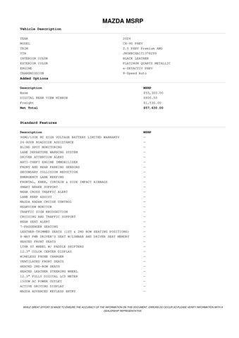 new 2026 Mazda CX-90 PHEV car, priced at $56,087