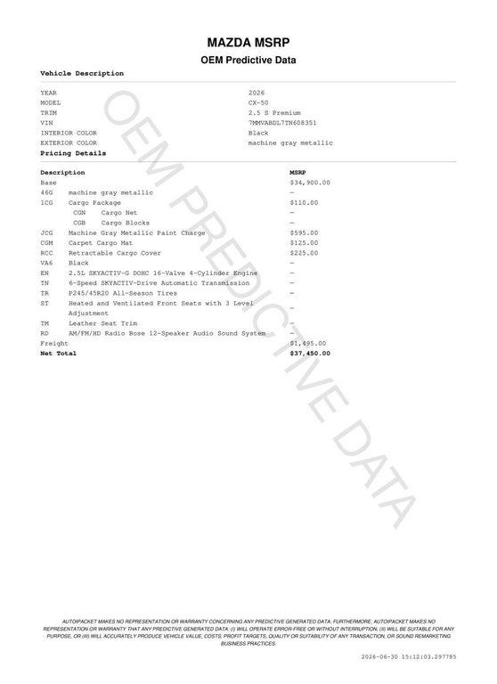 new 2026 Mazda CX-50 car, priced at $36,420