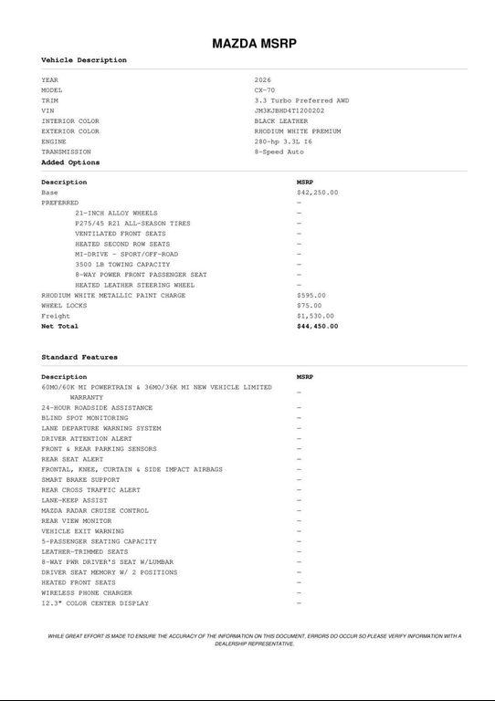 used 2026 Mazda CX-70 car, priced at $41,365