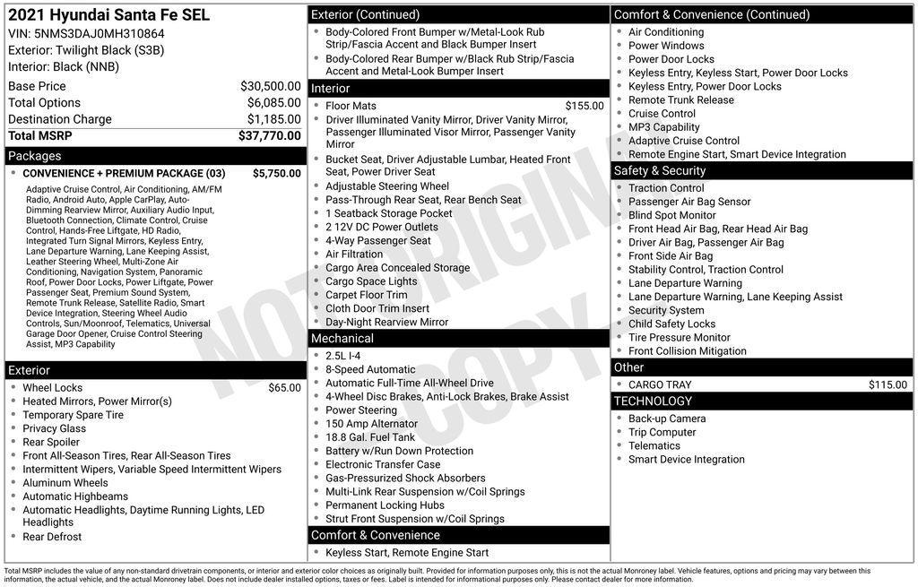 used 2021 Hyundai Santa Fe car, priced at $21,850