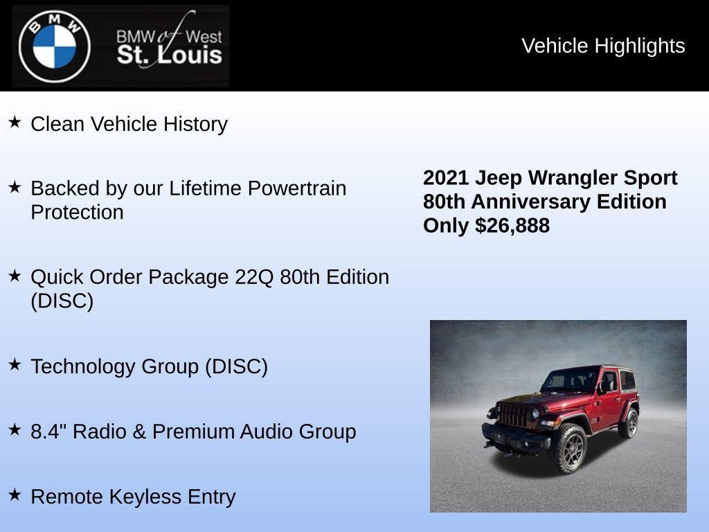 used 2021 Jeep Wrangler car, priced at $26,445