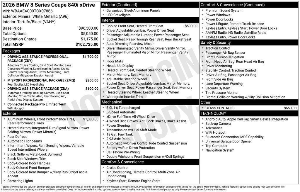new 2026 BMW 840 car, priced at $102,895