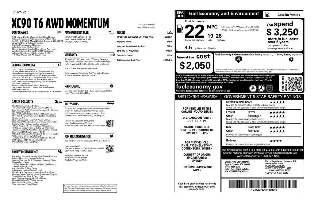 used 2019 Volvo XC90 car, priced at $21,593