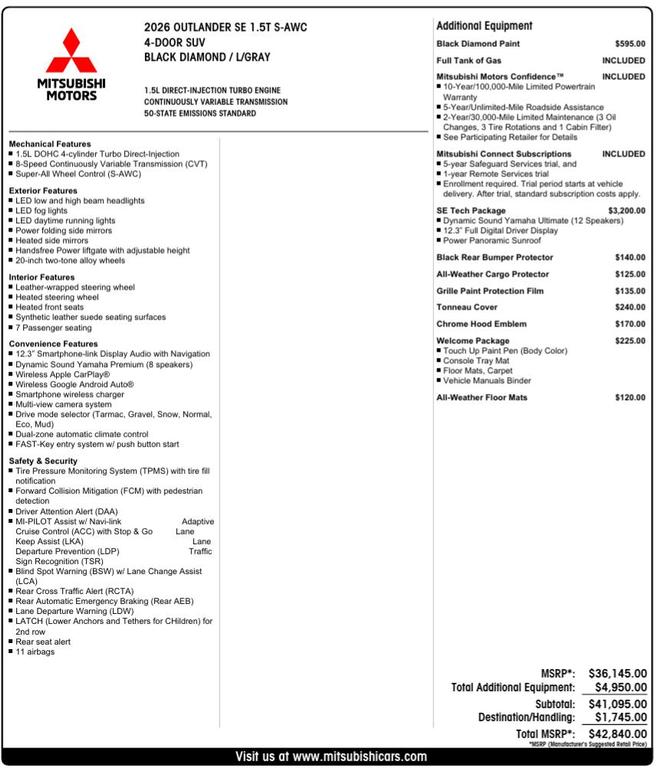 used 2026 Mitsubishi Outlander car, priced at $39,172