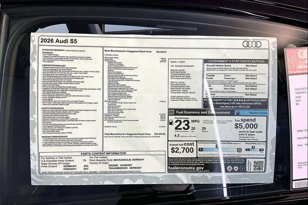 new 2026 Audi S5 car, priced at $74,990