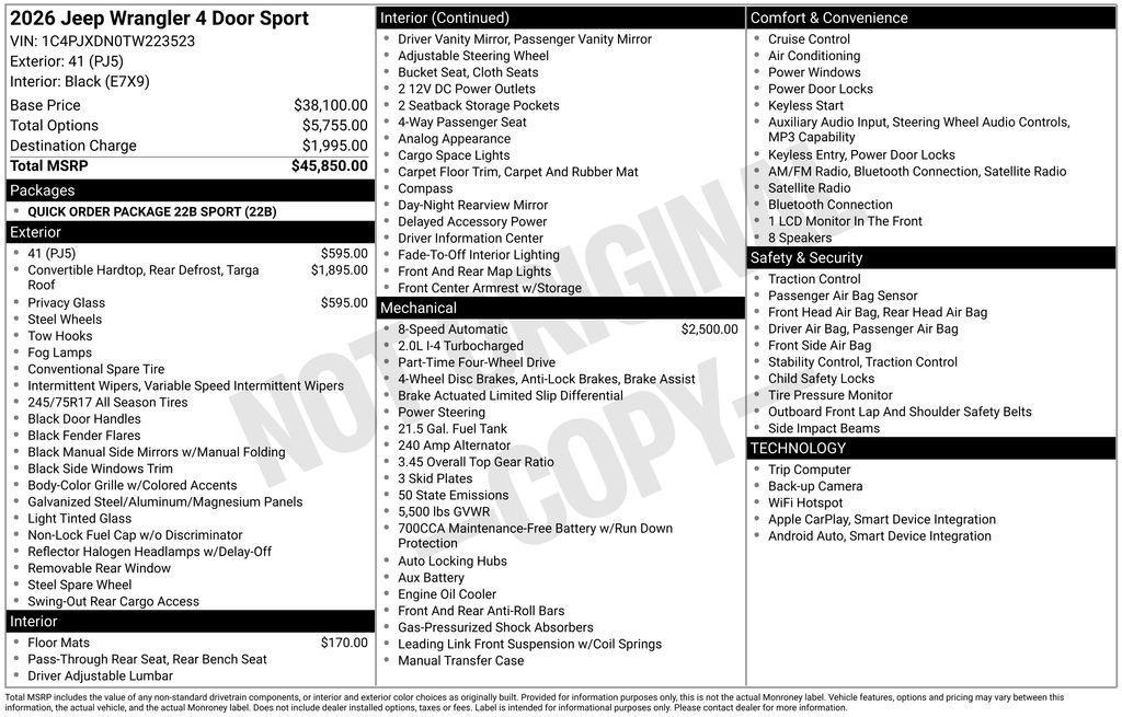 new 2026 Jeep Wrangler car, priced at $45,850