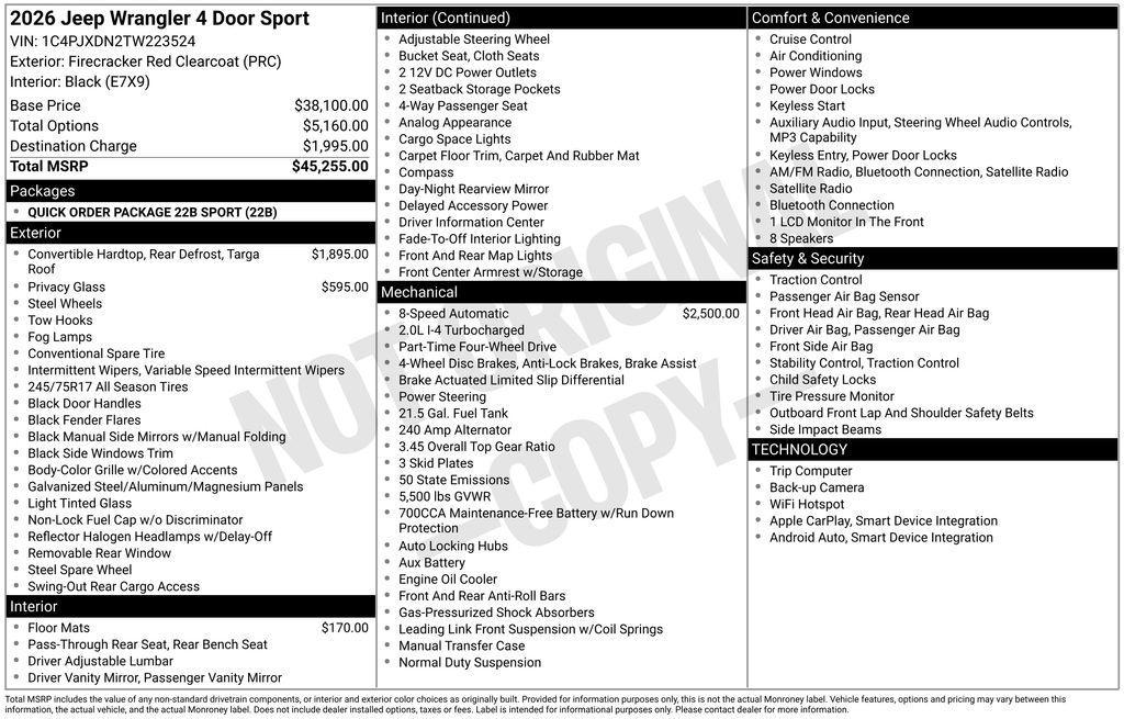 new 2026 Jeep Wrangler car, priced at $45,450