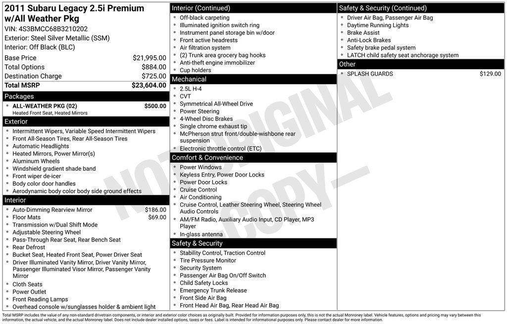 used 2011 Subaru Legacy car, priced at $7,997