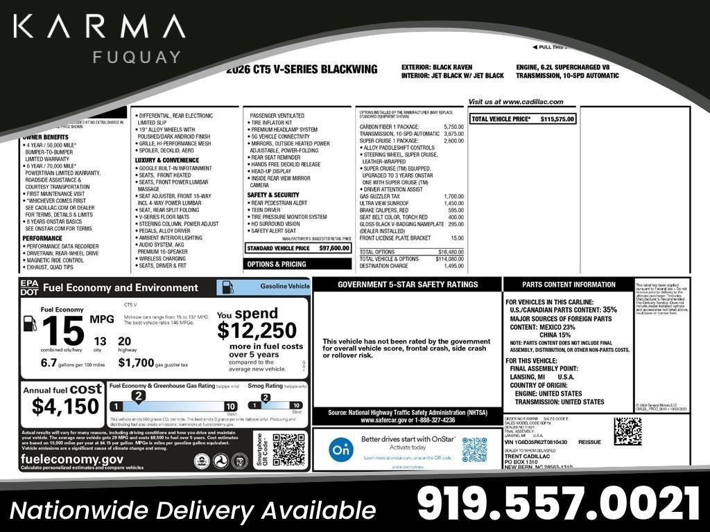 used 2026 Cadillac CT5-V car, priced at $109,995