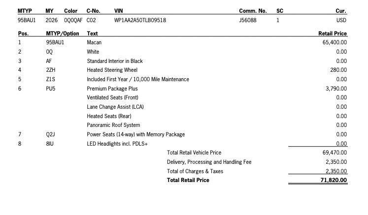 new 2026 Porsche Macan car, priced at $71,820