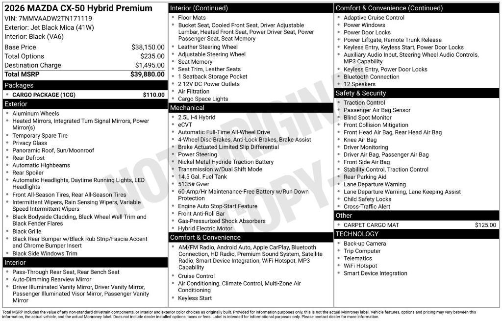 new 2026 Mazda CX-50 Hybrid car, priced at $39,880
