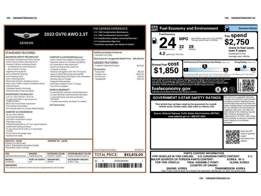 used 2022 Genesis GV70 car, priced at $31,471