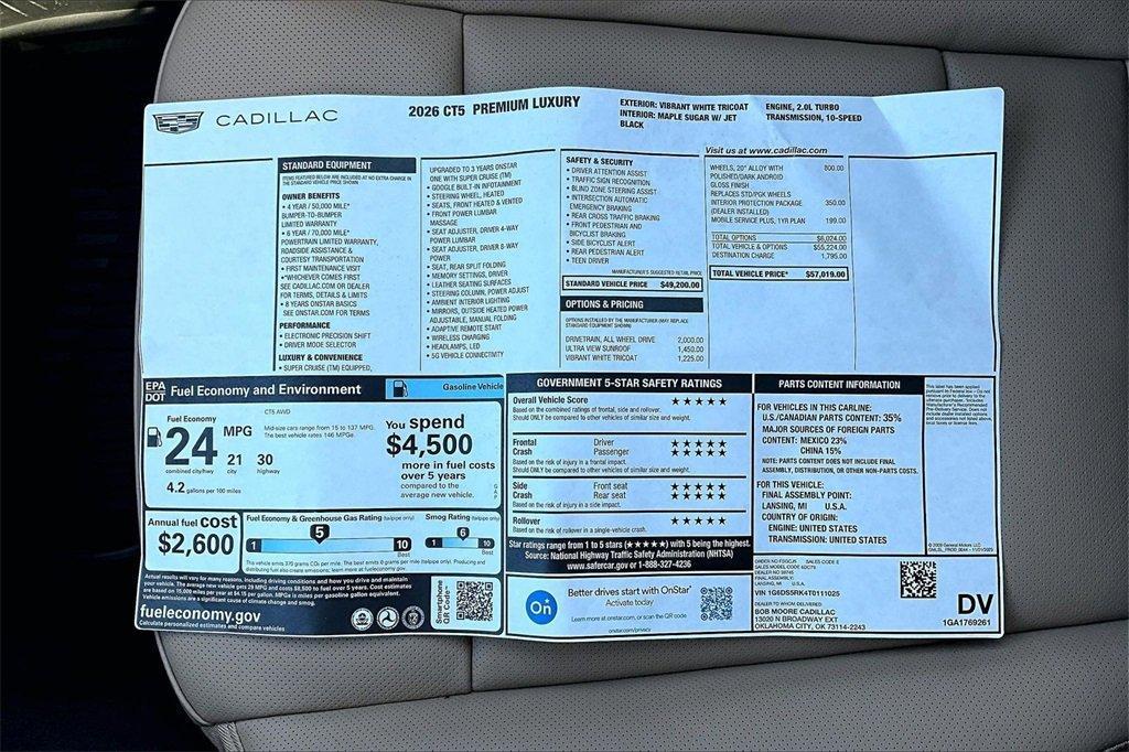 new 2026 Cadillac CT5 car, priced at $56,019
