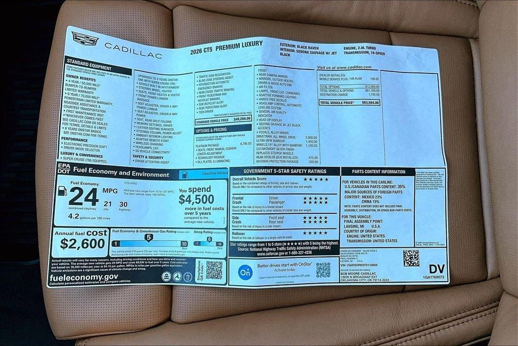 new 2026 Cadillac CT5 car, priced at $62,564