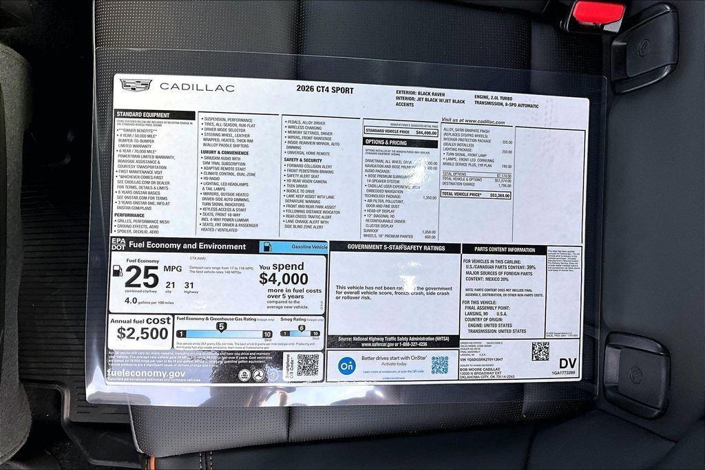 new 2026 Cadillac CT4 car, priced at $53,068