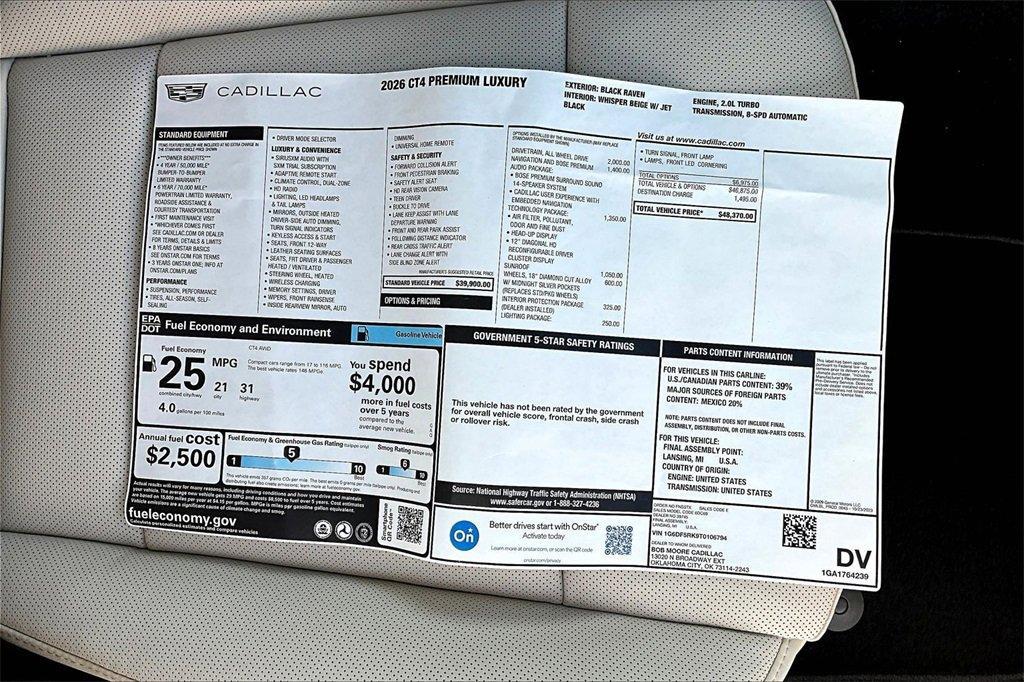 new 2026 Cadillac CT4 car, priced at $47,370