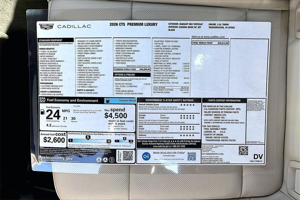 new 2026 Cadillac CT5 car, priced at $58,914