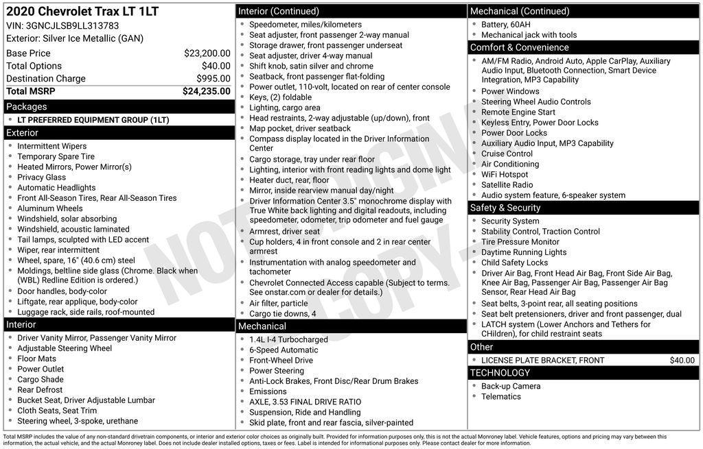 used 2020 Chevrolet Trax car, priced at $12,000