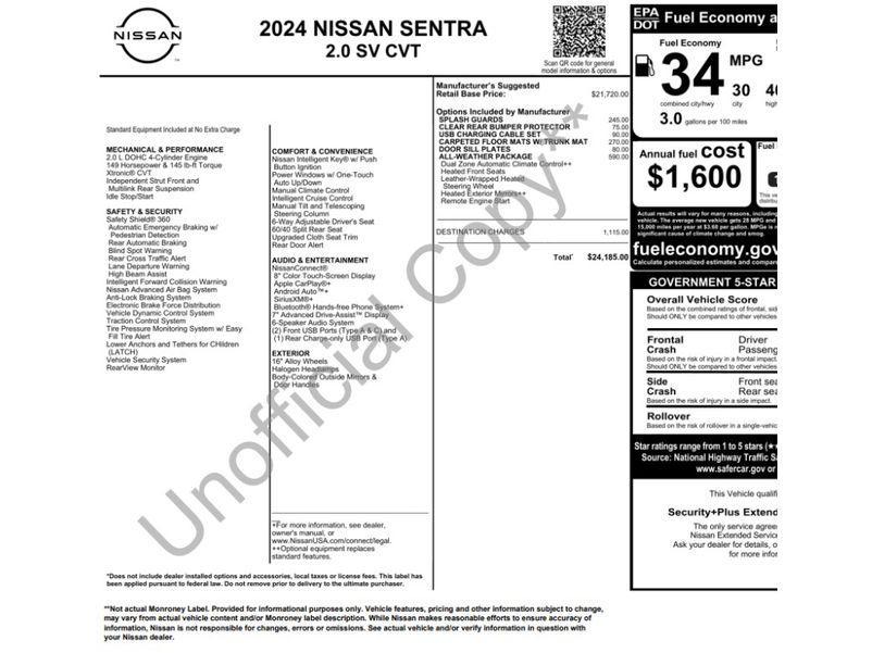 used 2024 Nissan Sentra car, priced at $18,000