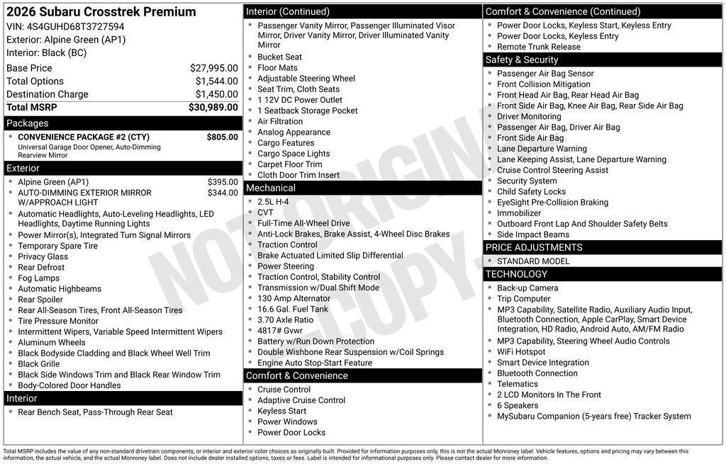 new 2026 Subaru Crosstrek car, priced at $29,135
